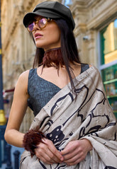 Black & White Ajrakh Print Modal Silk Saree With Blouse Piece - Adi Akshoy & Co.