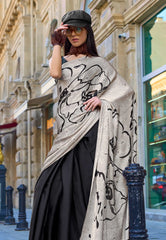 Black & White Ajrakh Print Modal Silk Saree With Blouse Piece - Adi Akshoy & Co.