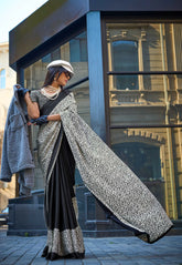 Black & White Ajrakh Print Modal Silk Saree With Blouse Piece - Adi Akshoy & Co.