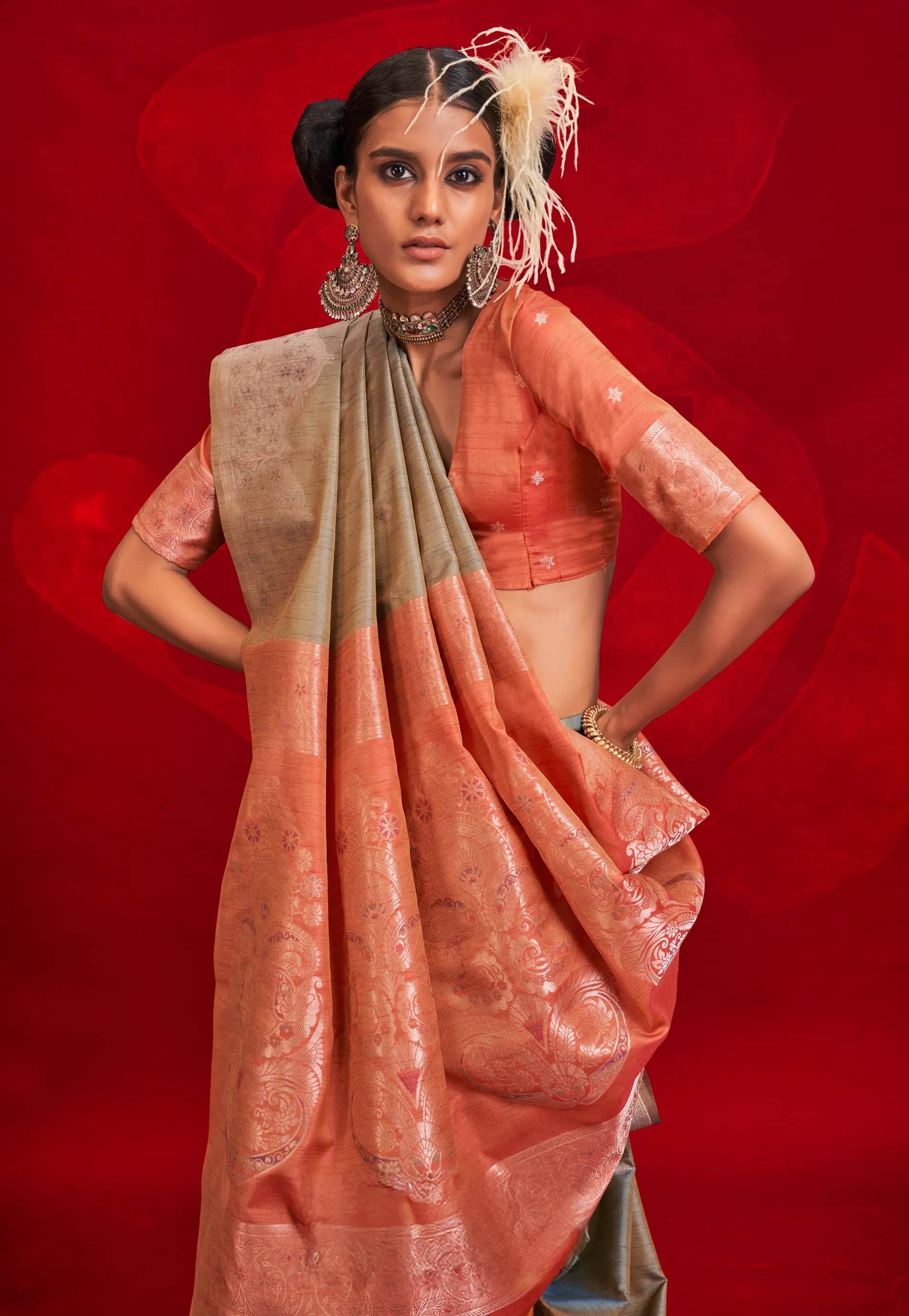 Sage Green Tussar Silk Saree with Blouse Piece - Adi Akshoy & Co.