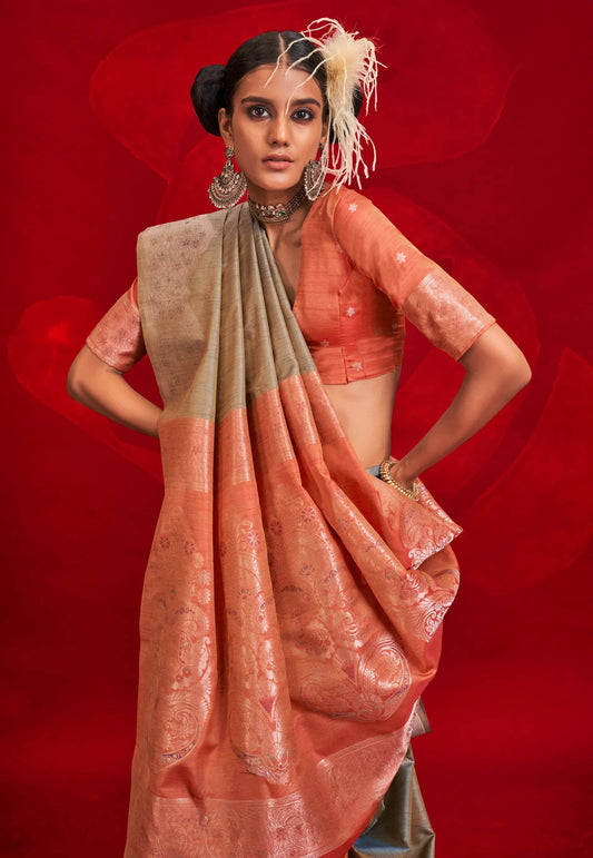Sage Green Tussar Silk Saree with Blouse Piece - Adi Akshoy & Co.