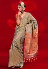 Sage Green Tussar Silk Saree with Blouse Piece - Adi Akshoy & Co.