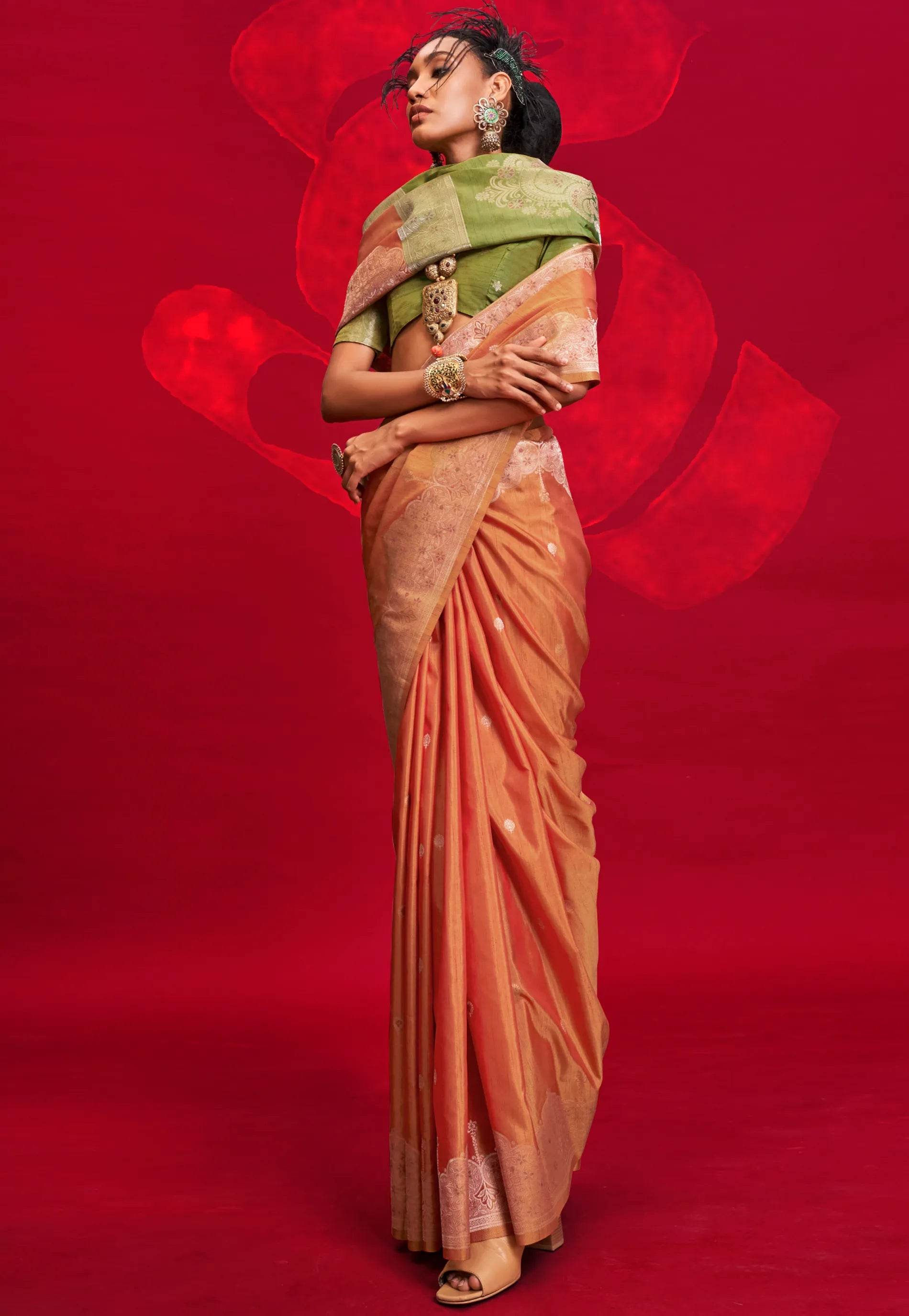 Rust Tussar Silk Saree with Blouse Piece - Adi Akshoy & Co.