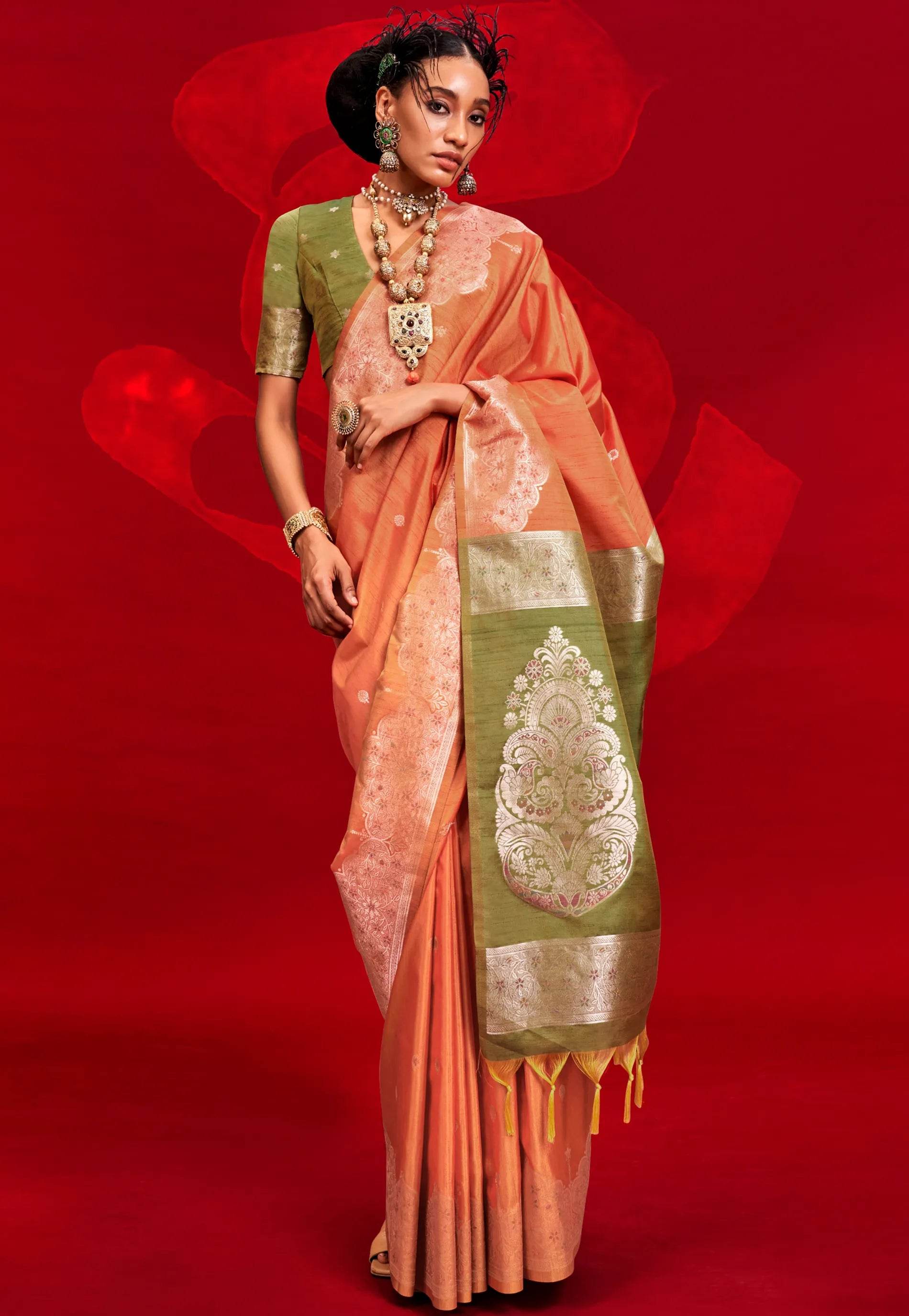 Rust Tussar Silk Saree with Blouse Piece - Adi Akshoy & Co.