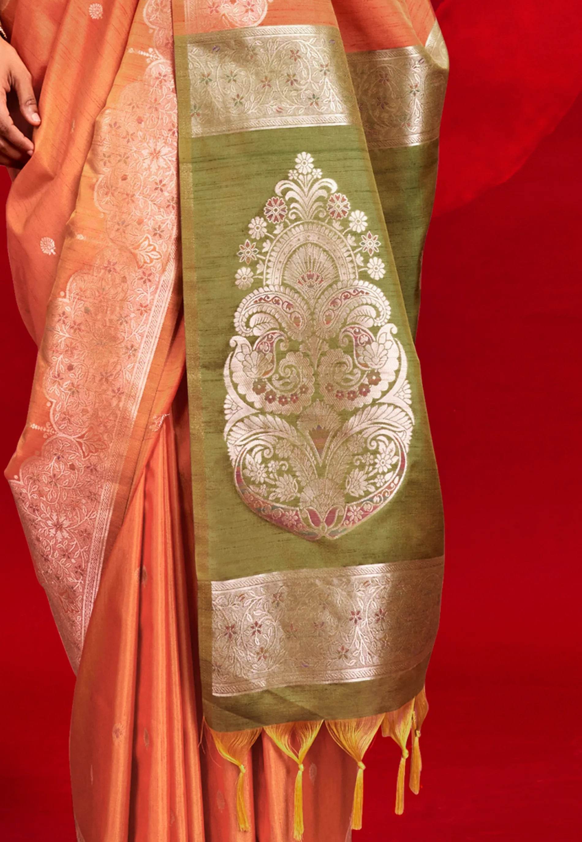 Rust Tussar Silk Saree with Blouse Piece - Adi Akshoy & Co.