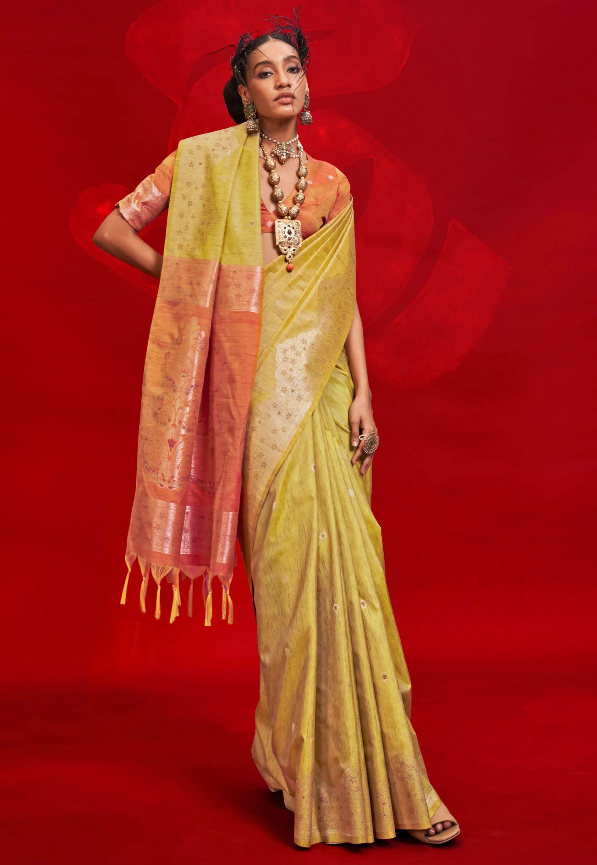 Lemon Green Tussar Silk Saree with Blouse Piece - Adi Akshoy & Co.