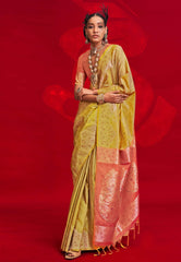 Lemon Green Tussar Silk Saree with Blouse Piece - Adi Akshoy & Co.