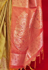 Lemon Green Tussar Silk Saree with Blouse Piece - Adi Akshoy & Co.
