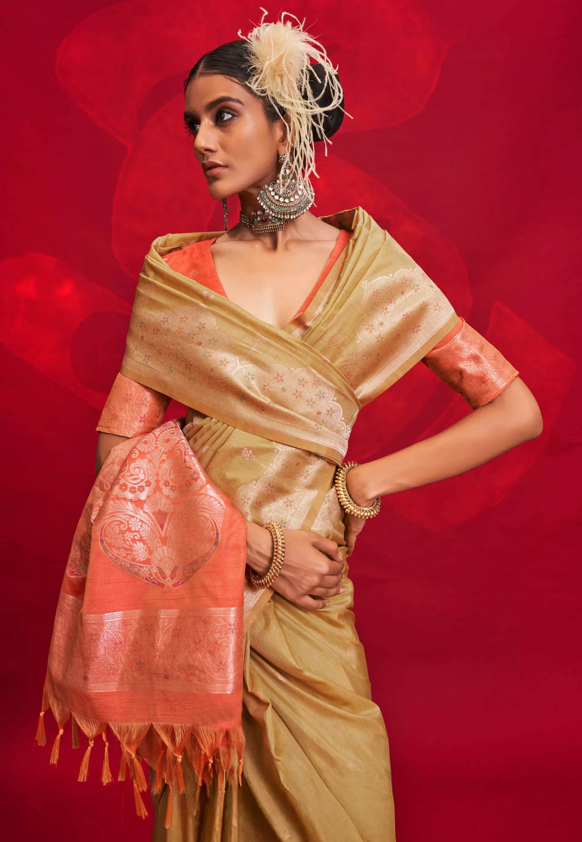 Golden Tussar Silk Saree with Blouse Piece - Adi Akshoy & Co.