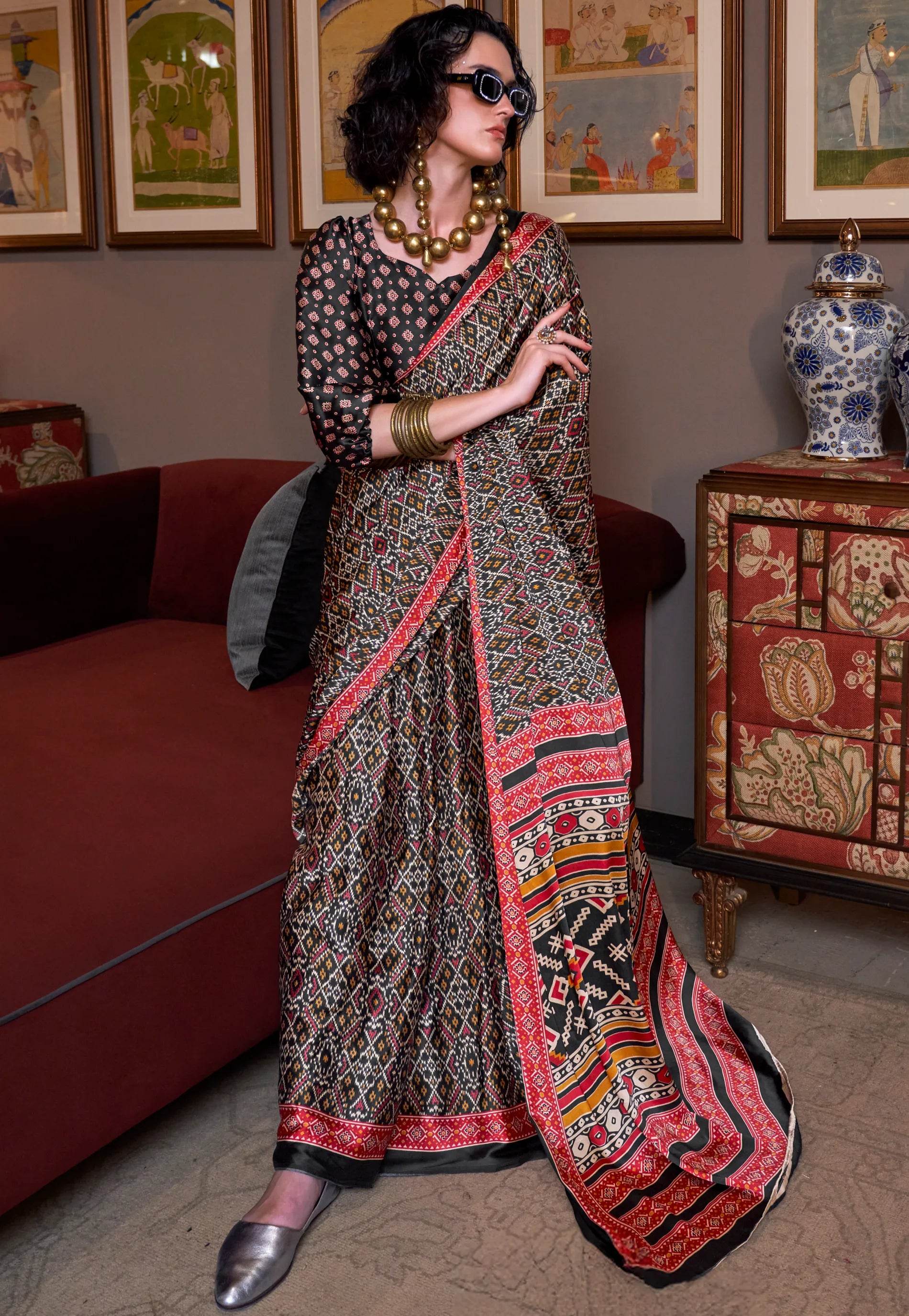 Black Ajrakh Print in Modal Silk Saree With Blouse Piece - Adi Akshoy & Co.