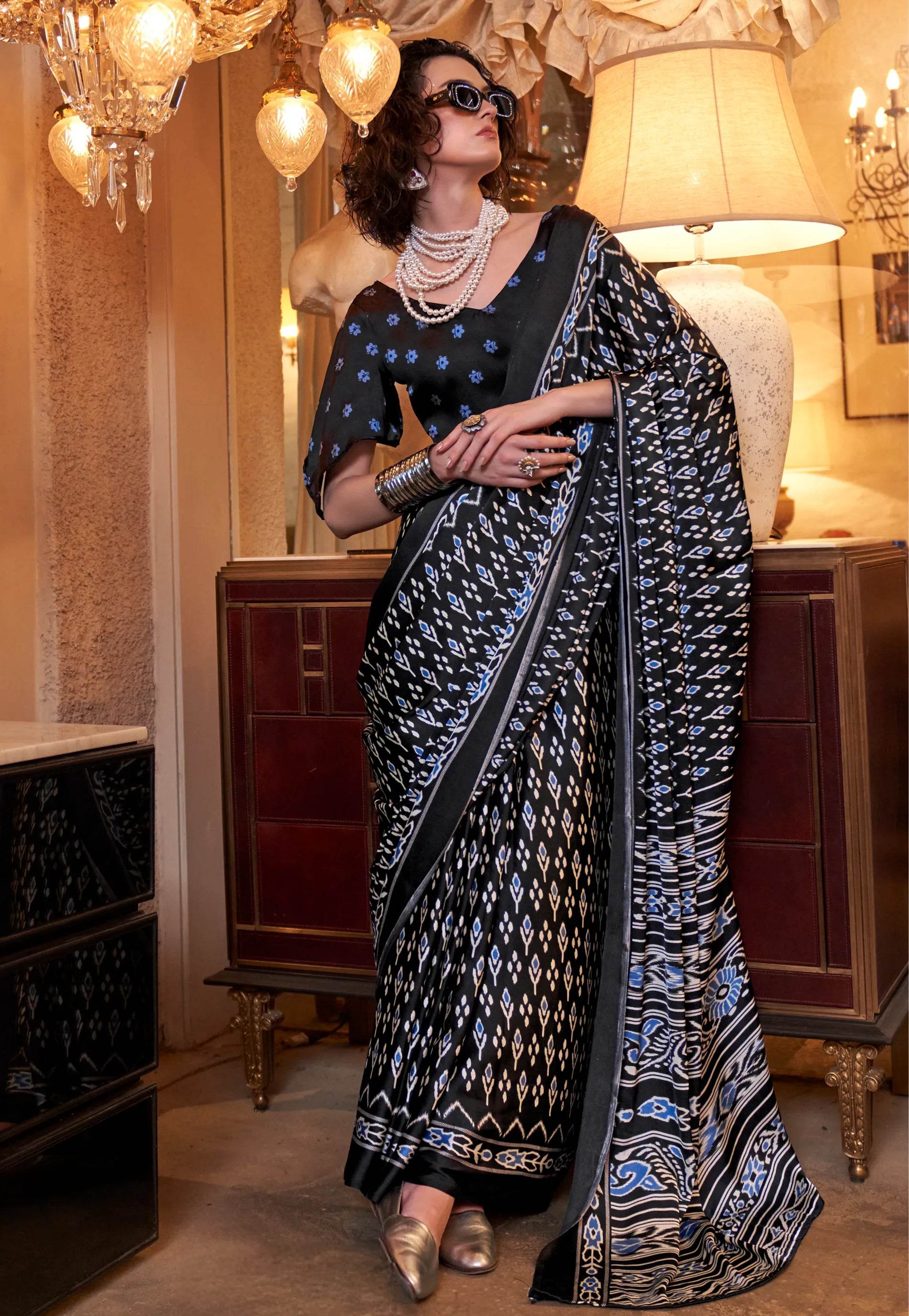 Black Ajrakh Print in Modal Silk Saree With Blouse Piece - Adi Akshoy & Co.