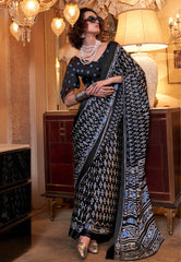 Black Ajrakh Print in Modal Silk Saree With Blouse Piece - Adi Akshoy & Co.