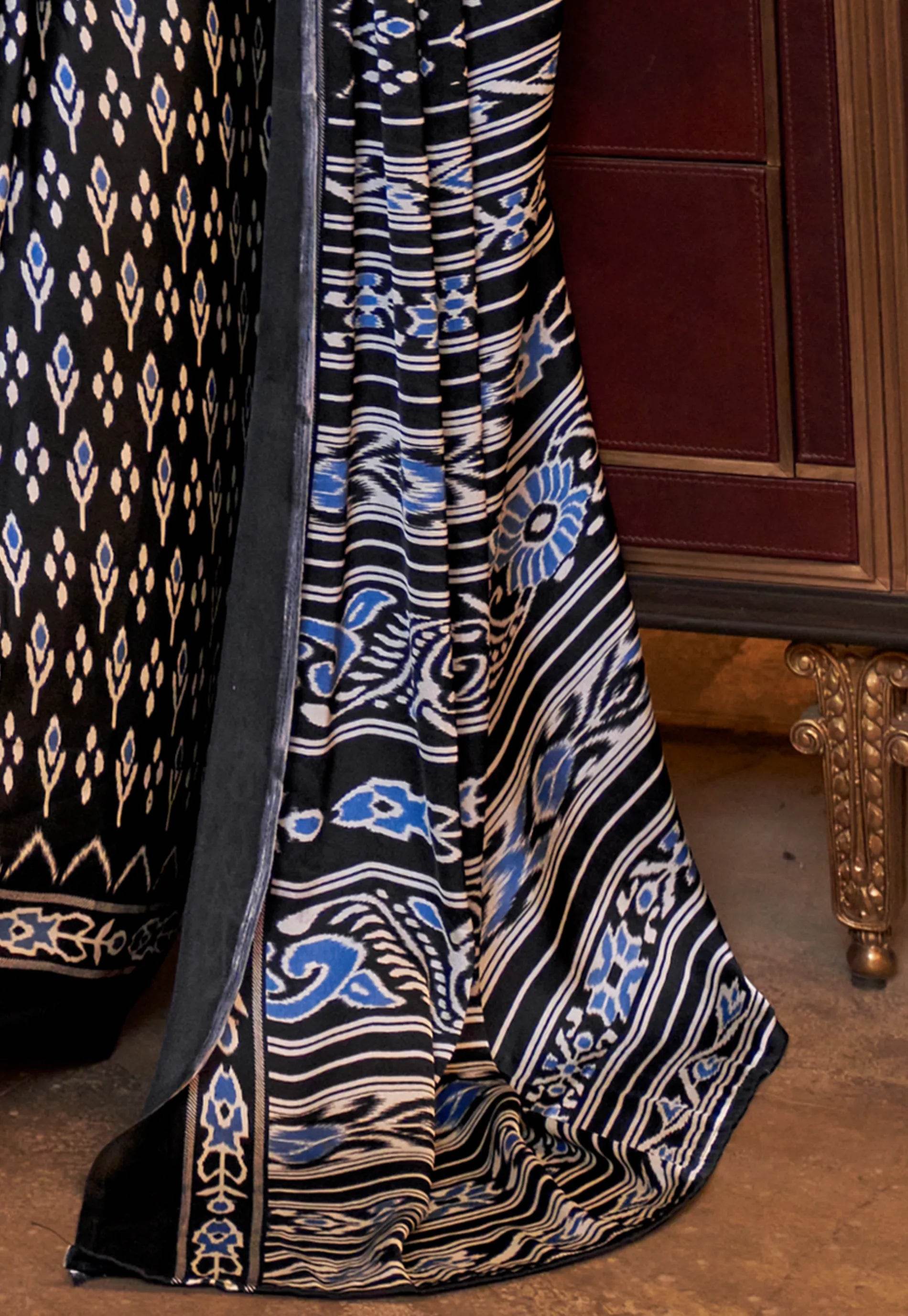 Black Ajrakh Print in Modal Silk Saree With Blouse Piece - Adi Akshoy & Co.