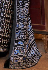 Black Ajrakh Print in Modal Silk Saree With Blouse Piece - Adi Akshoy & Co.