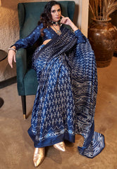 Navy Blue Ajrakh Print in Modal Silk Saree With Blouse Piece - Adi Akshoy & Co.