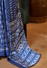 Navy Blue Ajrakh Print in Modal Silk Saree With Blouse Piece - Adi Akshoy & Co.