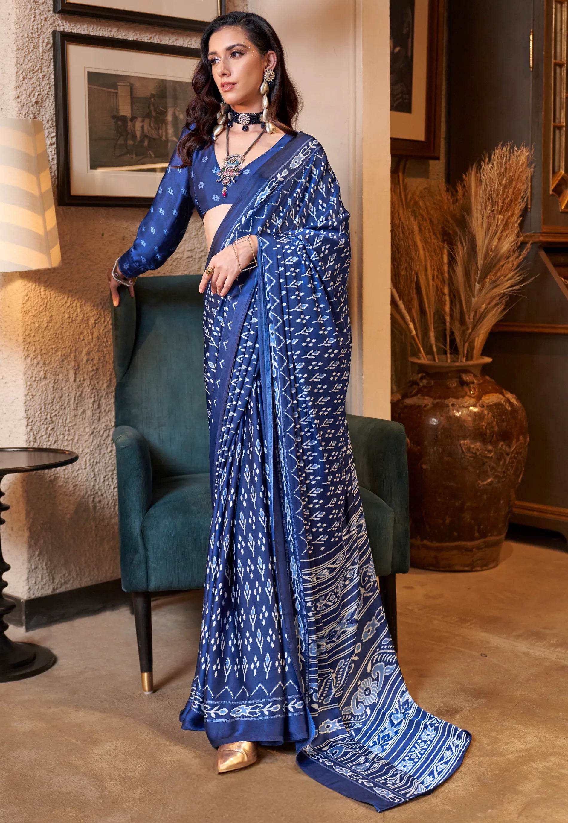 Navy Blue Ajrakh Print in Modal Silk Saree With Blouse Piece - Adi Akshoy & Co.