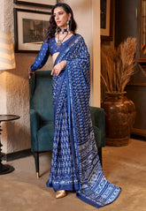 Navy Blue Ajrakh Print in Modal Silk Saree With Blouse Piece - Adi Akshoy & Co.