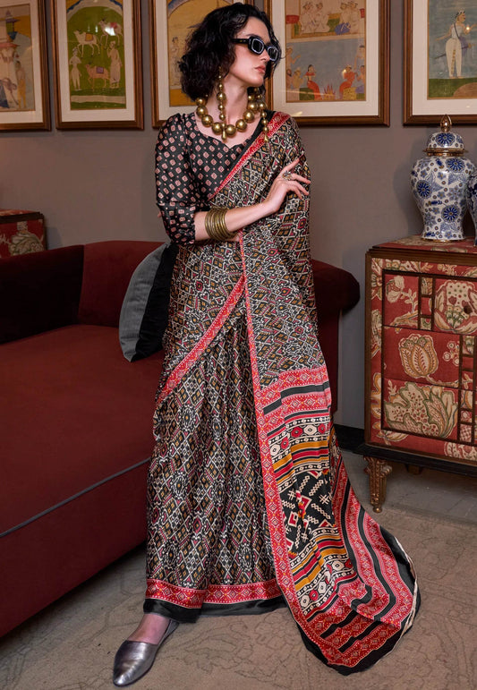 Black Ajrakh Print in Modal Silk Saree With Blouse Piece - Adi Akshoy & Co.