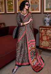 Black Ajrakh Print in Modal Silk Saree With Blouse Piece - Adi Akshoy & Co.