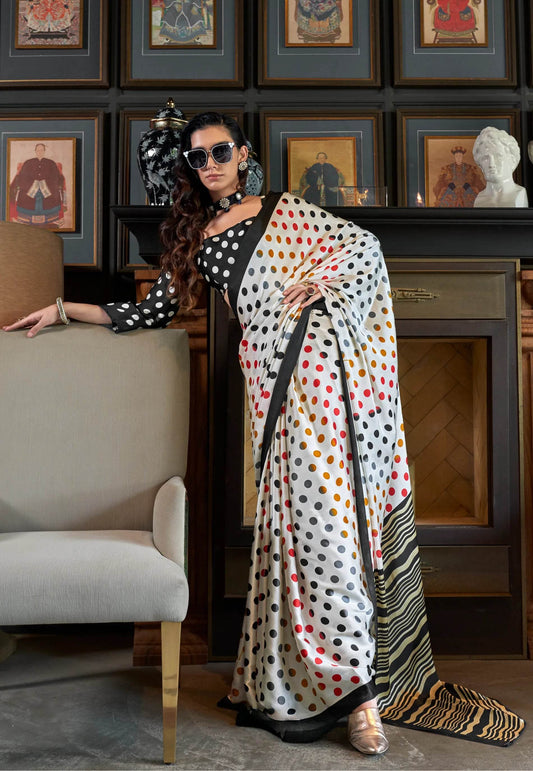 Off White Ajrakh Print in Modal Silk Saree With Blouse Piece - Adi Akshoy & Co.
