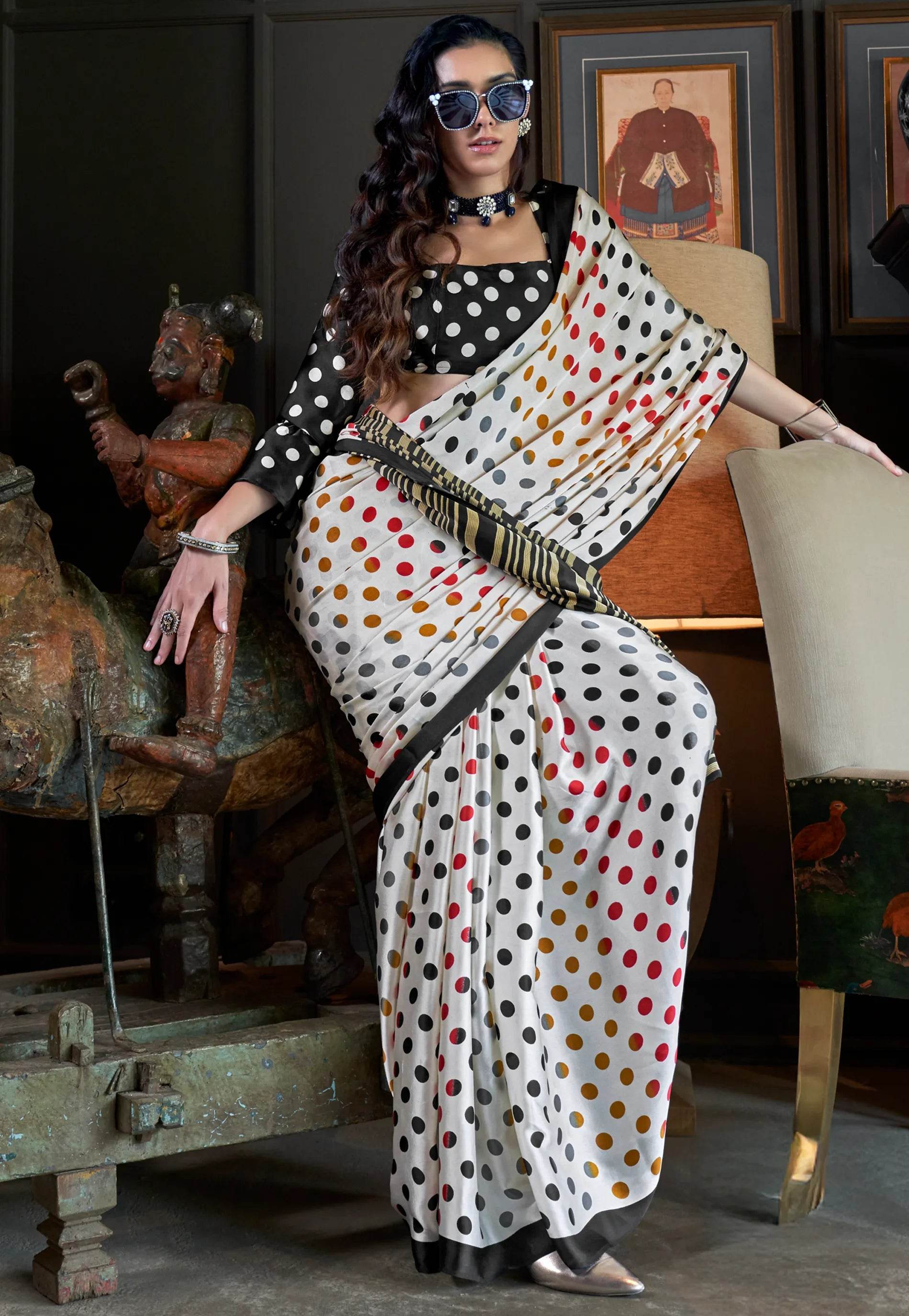Off White Ajrakh Print in Modal Silk Saree With Blouse Piece - Adi Akshoy & Co.