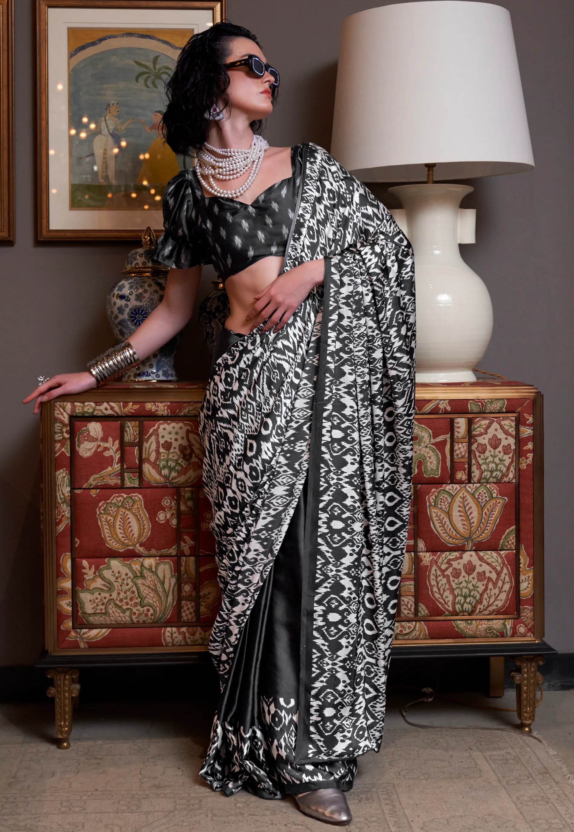 Black Ajrakh Print in Modal Silk Saree With Blouse Piece - Adi Akshoy & Co.