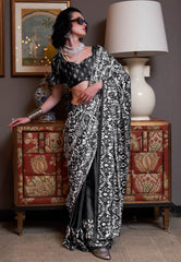 Black Ajrakh Print in Modal Silk Saree With Blouse Piece - Adi Akshoy & Co.