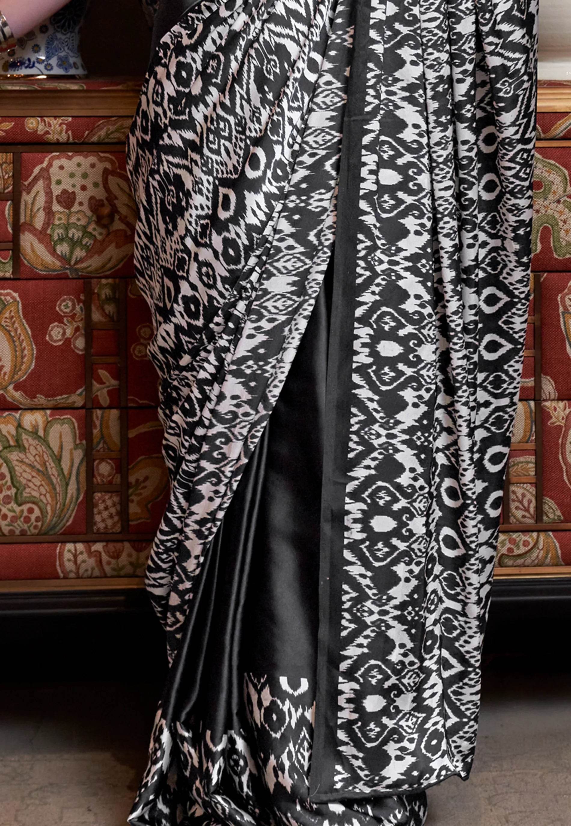Black Ajrakh Print in Modal Silk Saree With Blouse Piece - Adi Akshoy & Co.