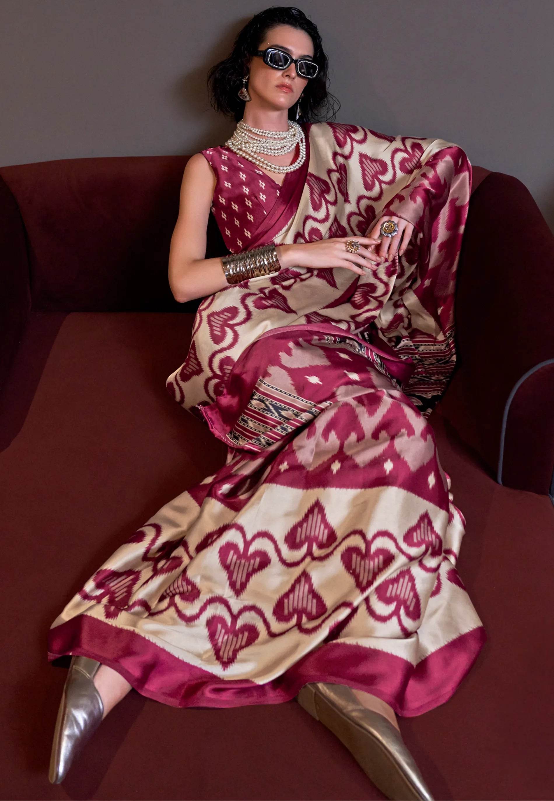 Maroon Ajrakh Print in Modal Silk Saree With Blouse Piece - Adi Akshoy & Co.