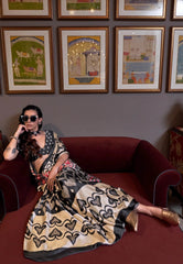 Black Ajrakh Print in Modal Silk Saree With Blouse Piece - Adi Akshoy & Co.