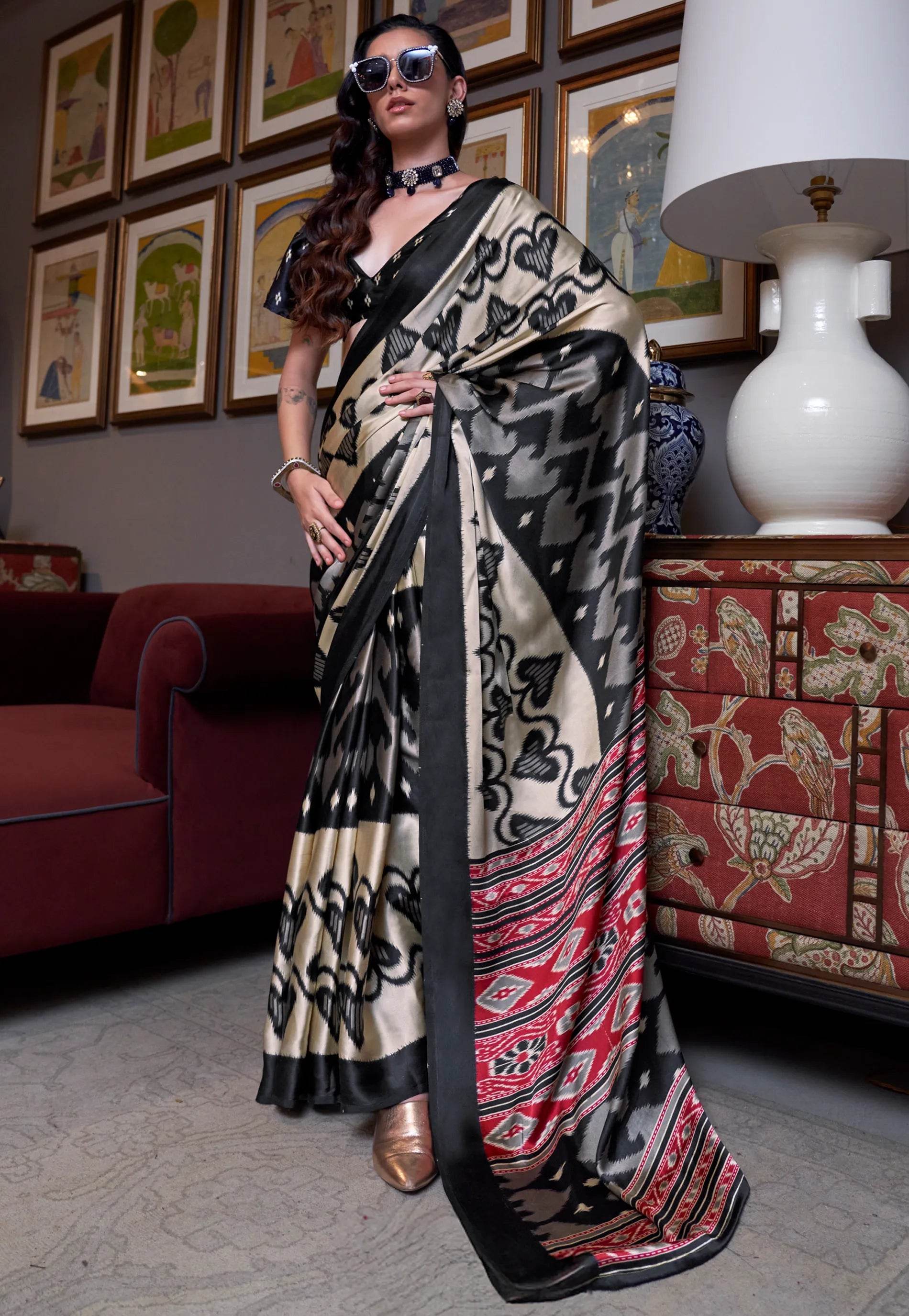 Black Ajrakh Print in Modal Silk Saree With Blouse Piece - Adi Akshoy & Co.