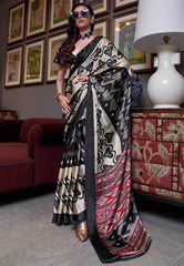 Black Ajrakh Print in Modal Silk Saree With Blouse Piece - Adi Akshoy & Co.