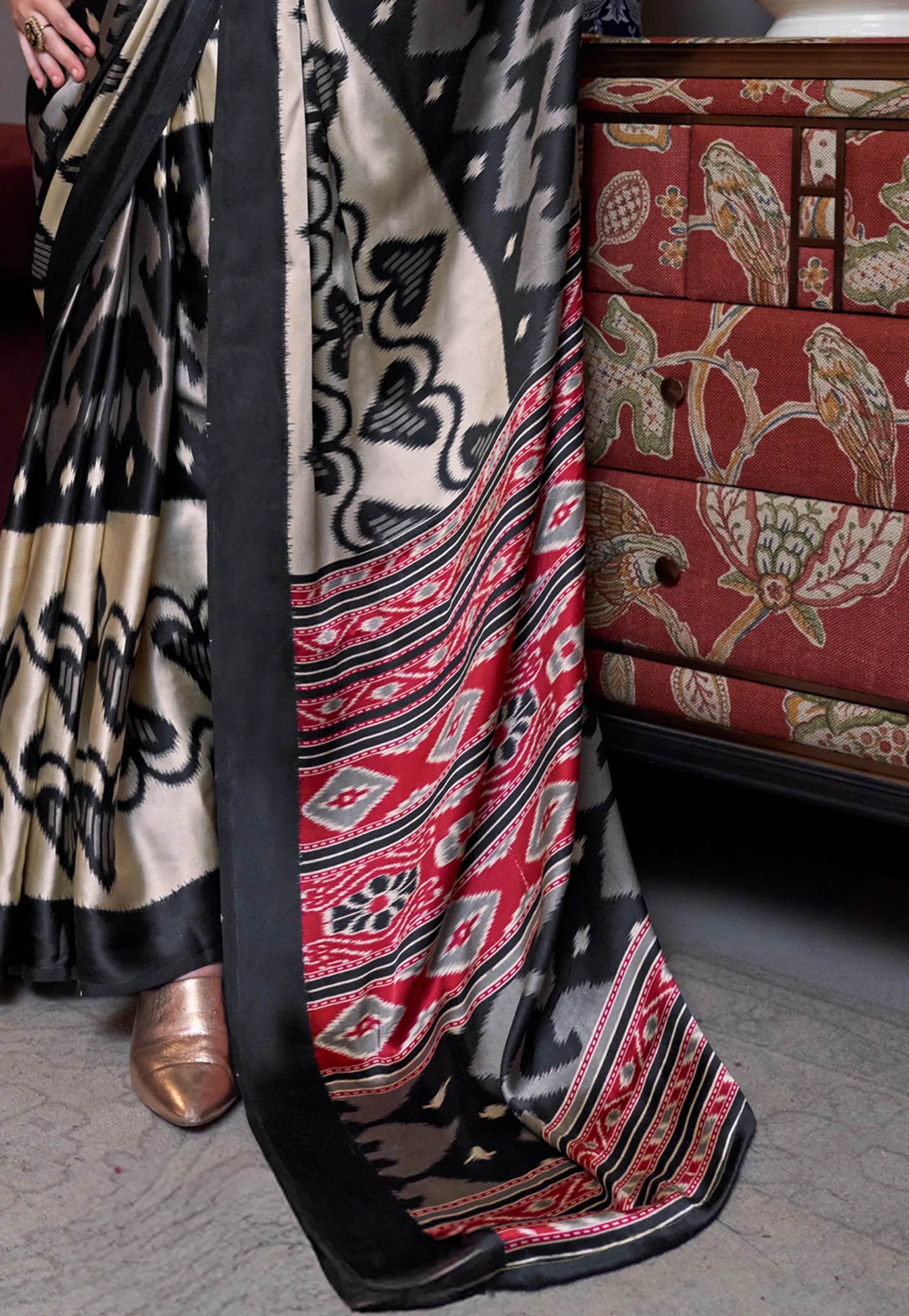 Black Ajrakh Print in Modal Silk Saree With Blouse Piece - Adi Akshoy & Co.