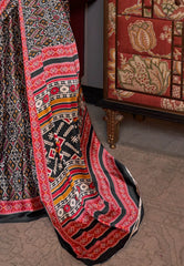 Black Ajrakh Print in Modal Silk Saree With Blouse Piece - Adi Akshoy & Co.