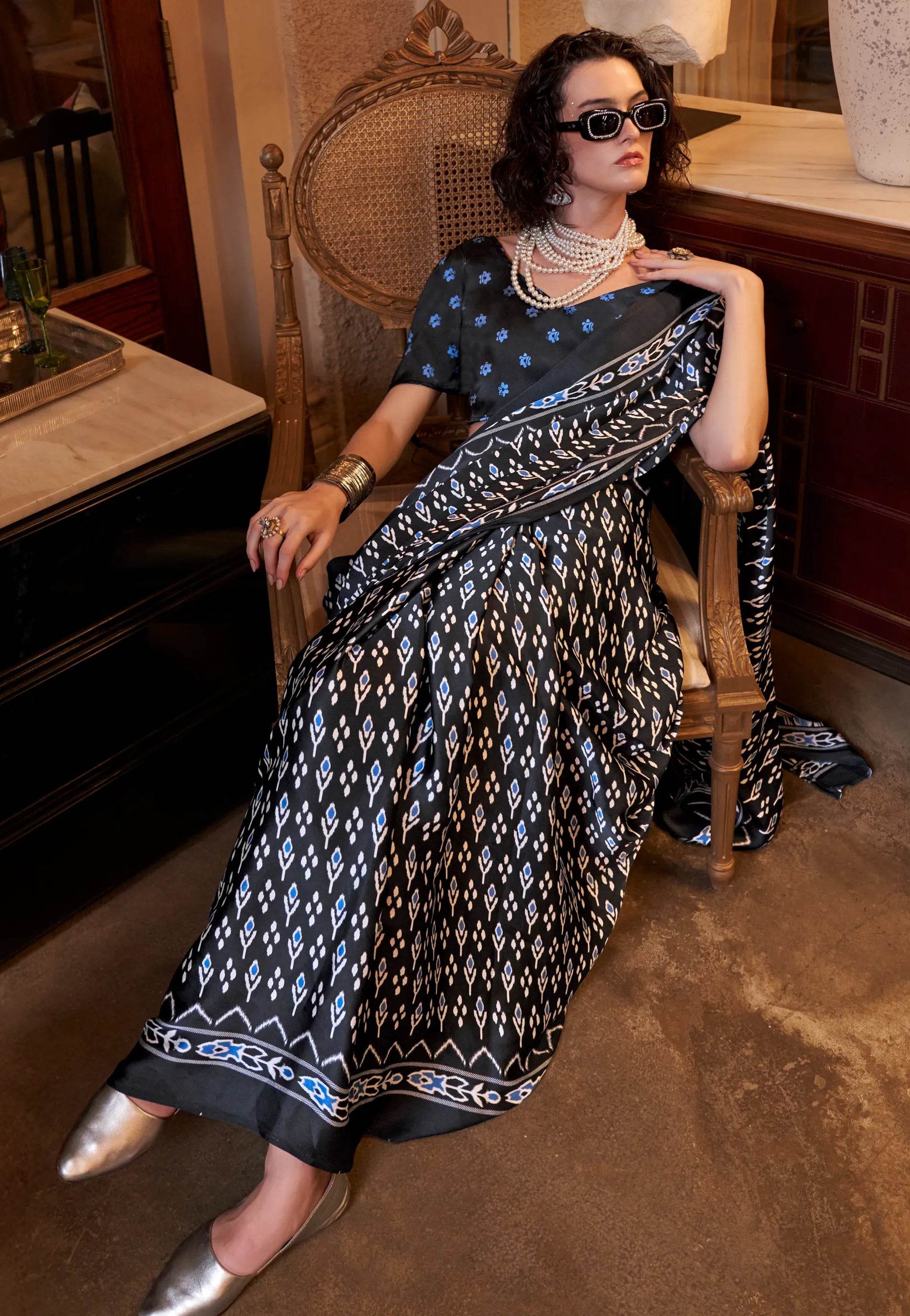 Black Ajrakh Print in Modal Silk Saree With Blouse Piece - Adi Akshoy & Co.