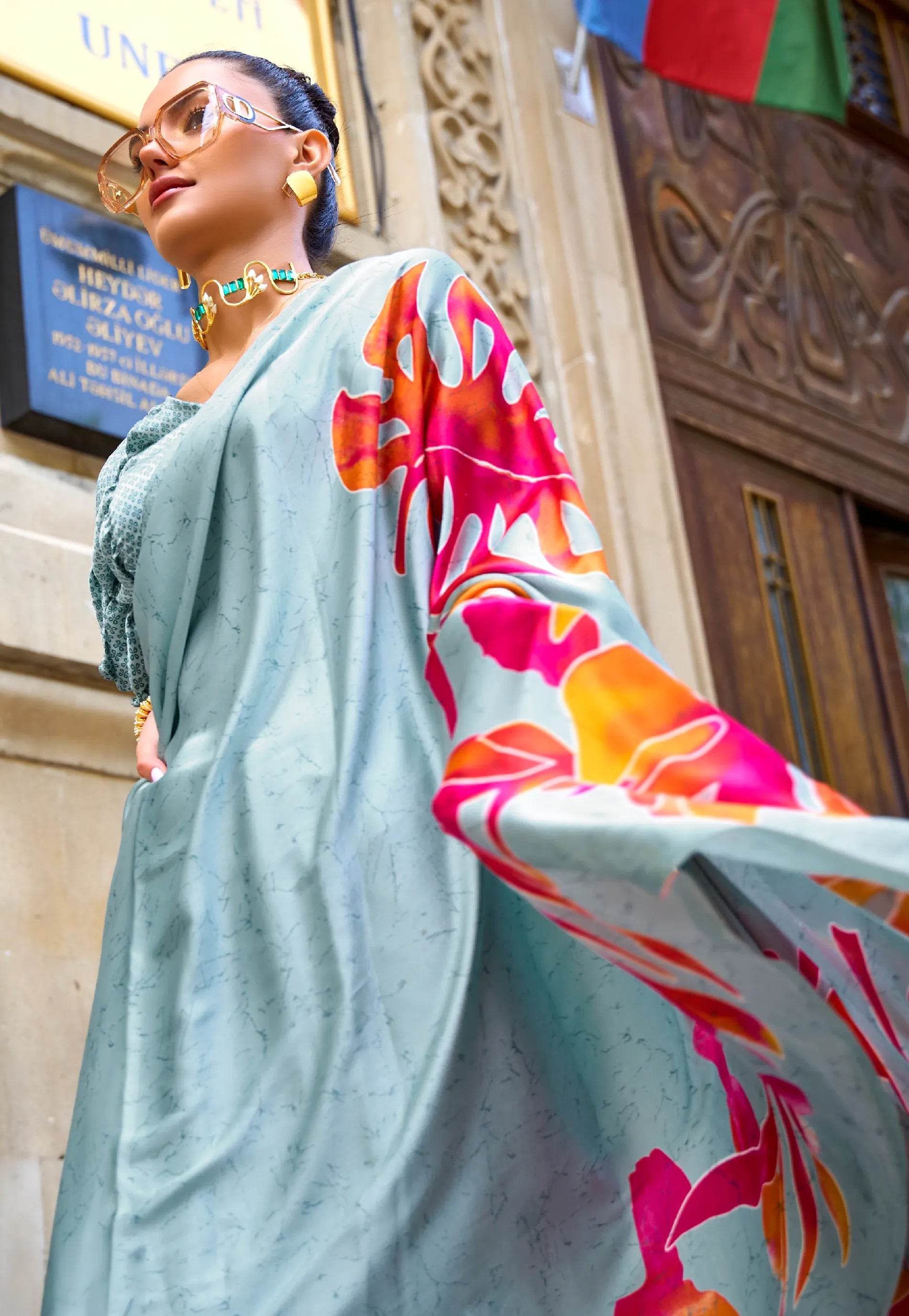 Sky Blue Modal Silk Saree With Blouse Piece - Adi Akshoy & Co.