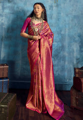 Magenta with Zari work Katan Silk Saree With Blouse Piece- Adi Akshoy & Co.