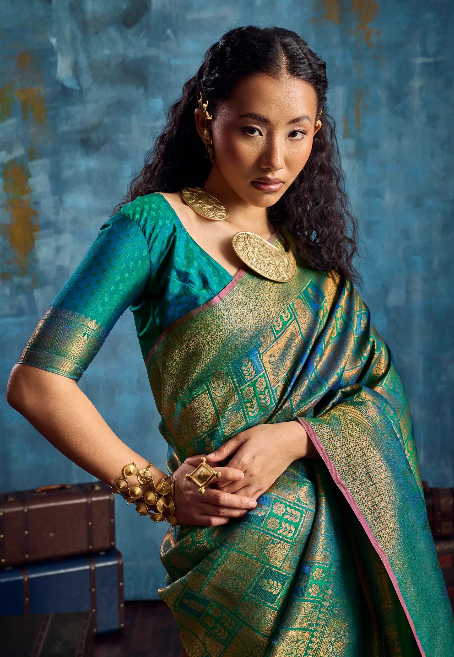 Cross Colour of Green & Blue with Zari work Katan Silk Saree With Blouse Piece - Adi Akshoy & Co.