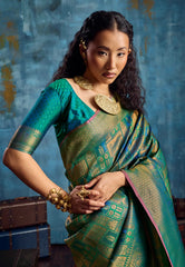 Cross Colour of Green & Blue with Zari work Katan Silk Saree With Blouse Piece - Adi Akshoy & Co.