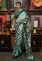 White & Green Modal Silk Saree With Blouse Piece- Adi Akshoy & Co.