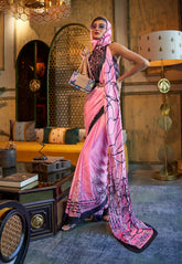 Light Neon Pink Modal Silk Saree With Blouse Piece- Adi Akshoy & Co.