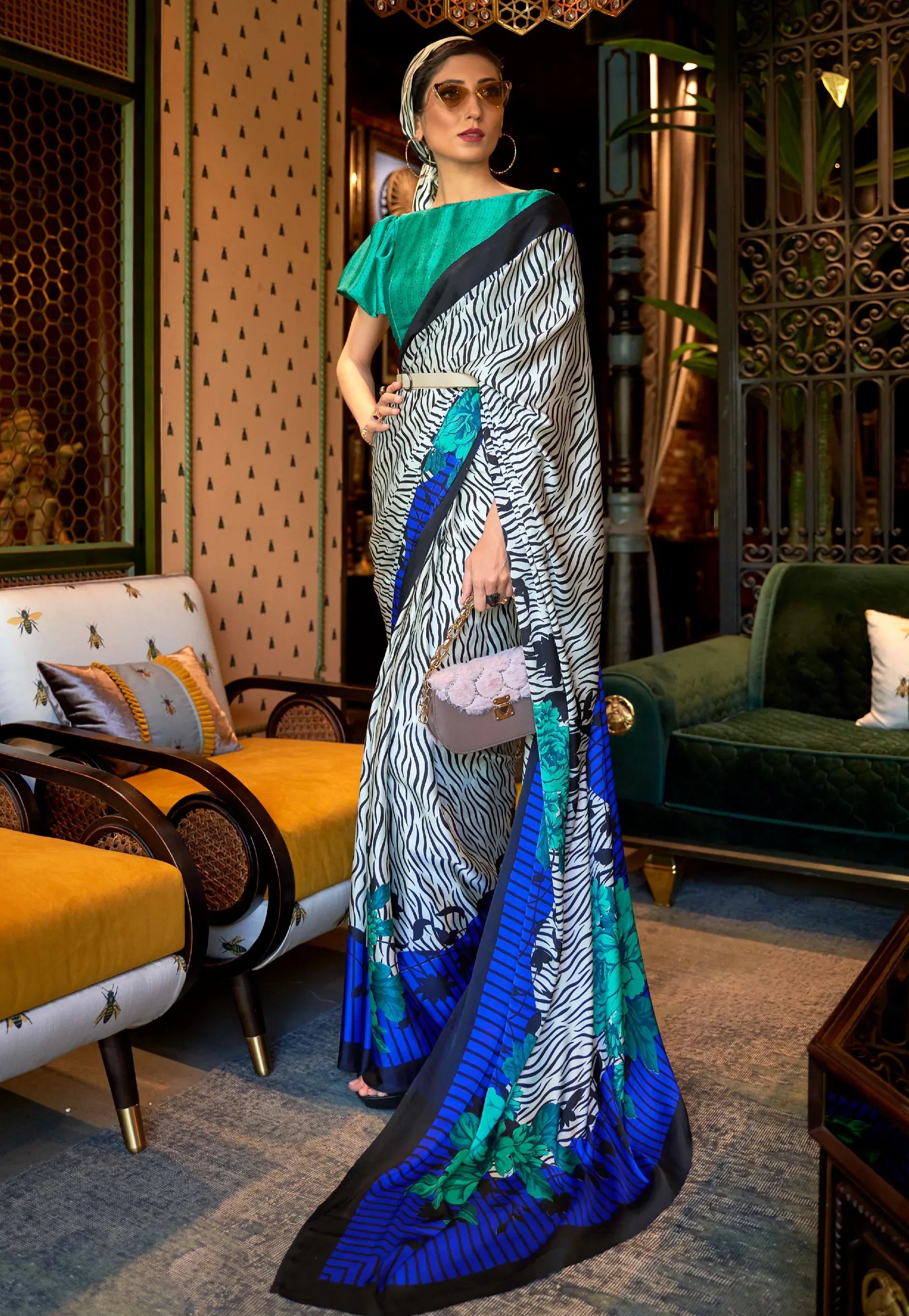 White Floral Modal Silk Saree With Blouse Piece- Adi Akshoy & Co.