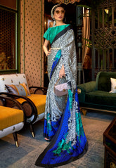 White Floral Modal Silk Saree With Blouse Piece- Adi Akshoy & Co.