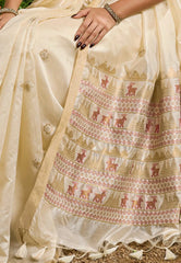 White Tussar Silk Saree with Blouse Piece - Adi Akshoy & Co.