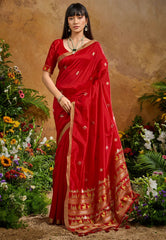 Red Tussar Silk Saree with Blouse Piece - Adi Akshoy & Co.