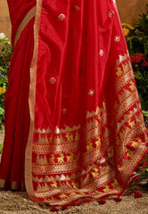 Red Tussar Silk Saree with Blouse Piece - Adi Akshoy & Co.