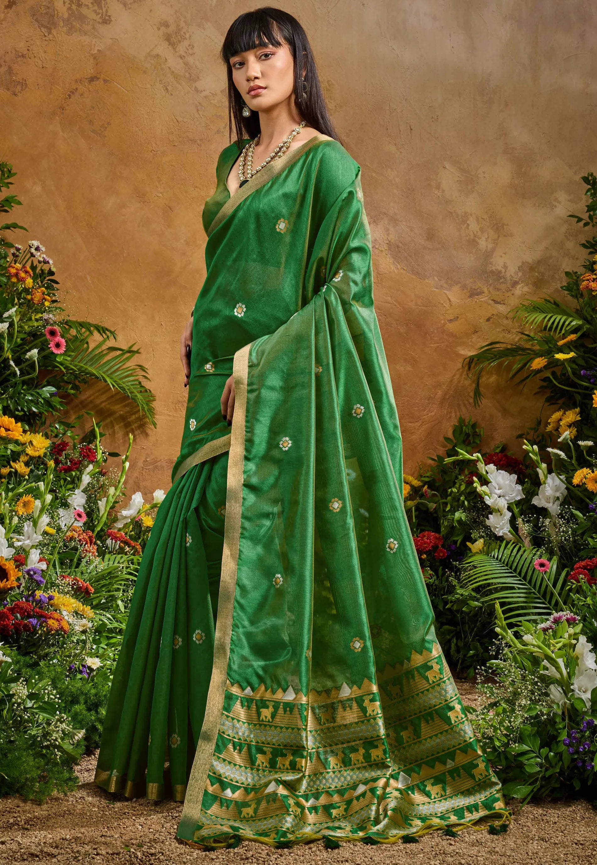 Bottle Green Tussar Silk Saree with Blouse Piece - Adi Akshoy & Co.