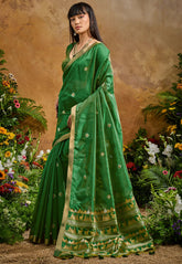 Bottle Green Tussar Silk Saree with Blouse Piece - Adi Akshoy & Co.