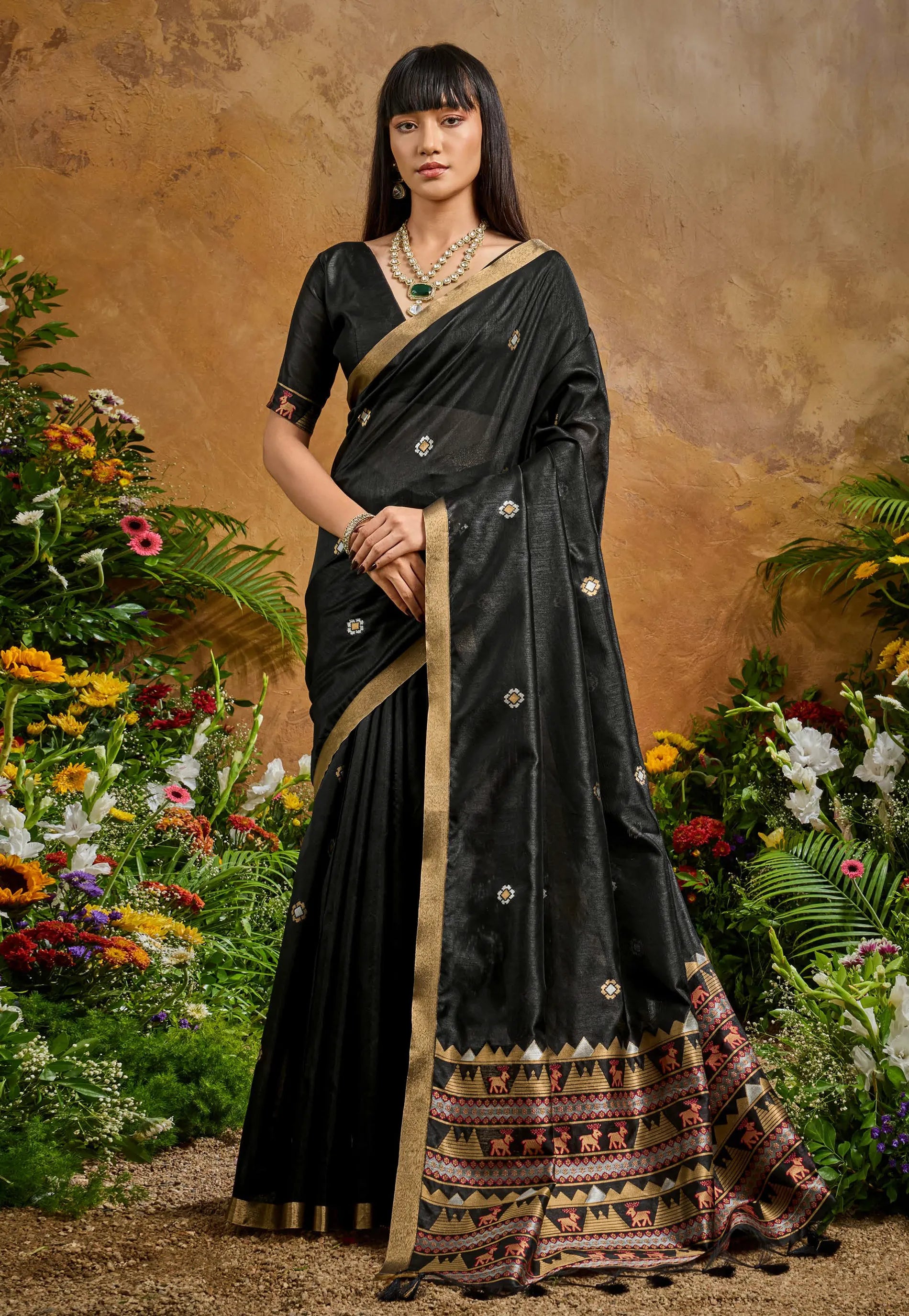 Black Tussar Silk Saree with Blouse Piece - Adi Akshoy & Co.